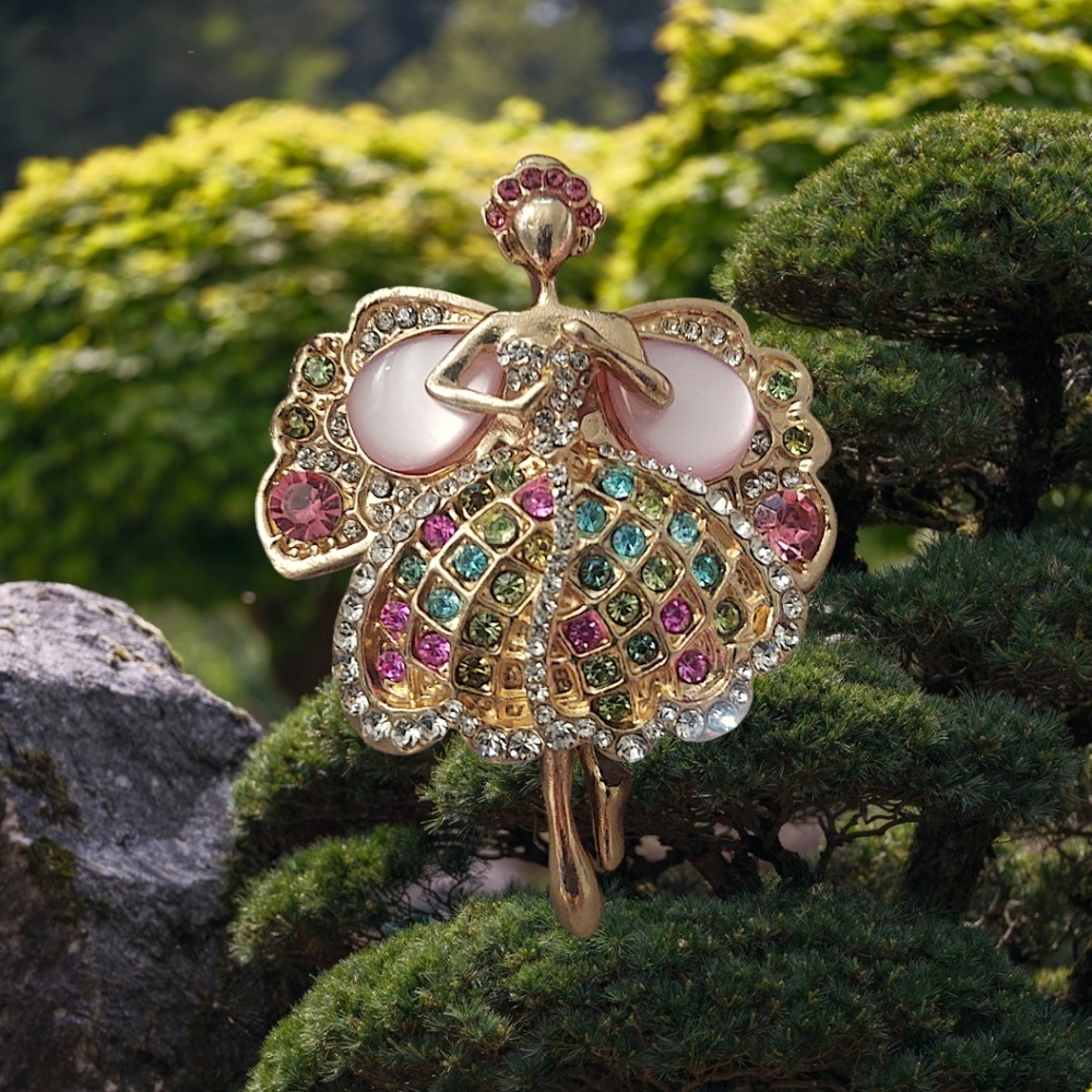 Gold-Tone Multicolor Crystal Ballerina Brooch - Pink & Green Accents
